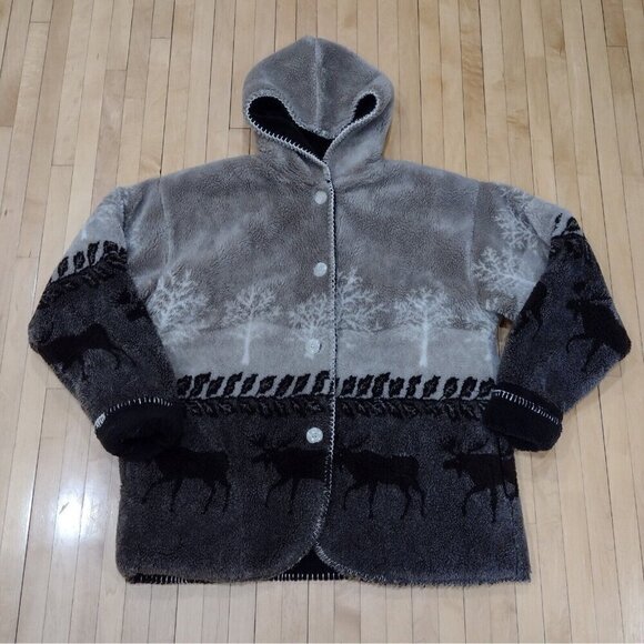 Vintage Black Mountain Hooded Heavy Fleece Jacket Button Down Womens M Moose - Picture 1 of 9